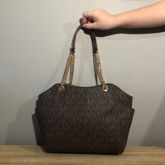 Michael Kors Jet Set Travel Brown Top Zip MK Signature Chain Tote Shoulder Bag - Picture 4 of 16